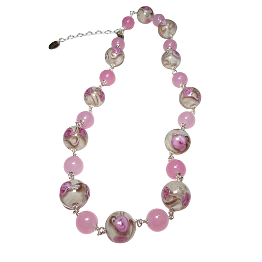 Murano Glass Pink Roses Wire Wrapped Sterling Silver Necklace