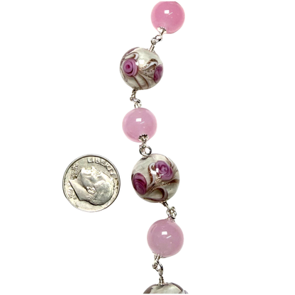 Murano Glass Pink Roses Wire Wrapped Sterling Silver Necklace