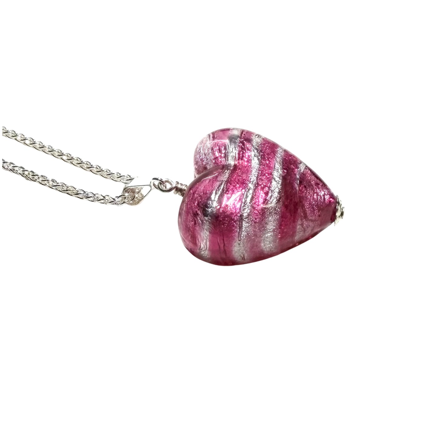 Murano Glass Pink Silver Puffy Heart Pendant