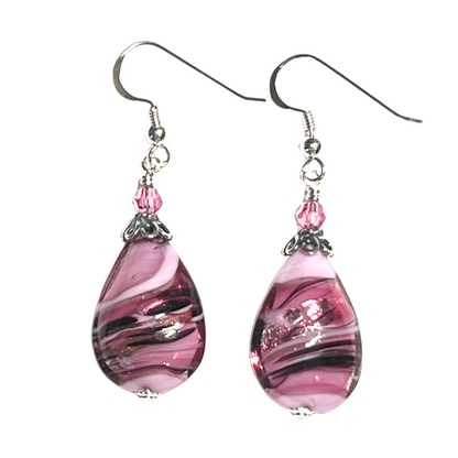 Murano Glass Pink Black Swirl Teardrop Silver Earrings