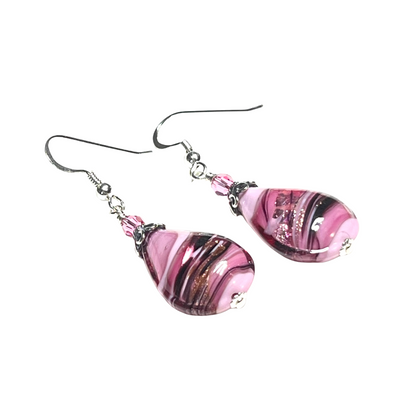 Murano Glass Pink Black Swirl Teardrop Silver Earrings