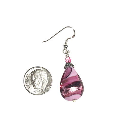 Murano Glass Pink Black Swirl Teardrop Silver Earrings