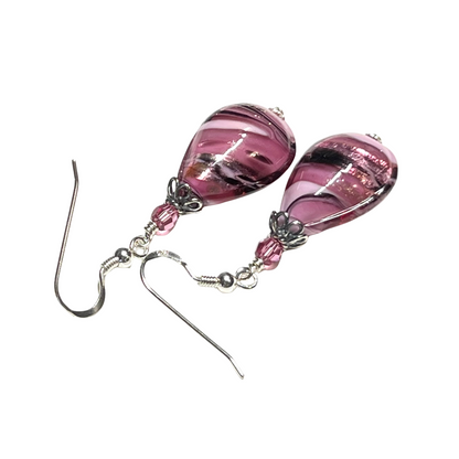 Murano Glass Pink Black Swirl Teardrop Silver Earrings