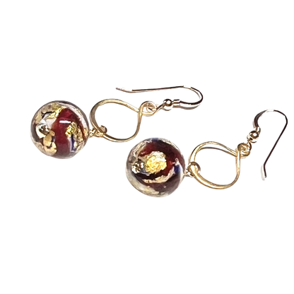 Handmade Murano Glass Red and Blue Ball Drop Gold Earrings