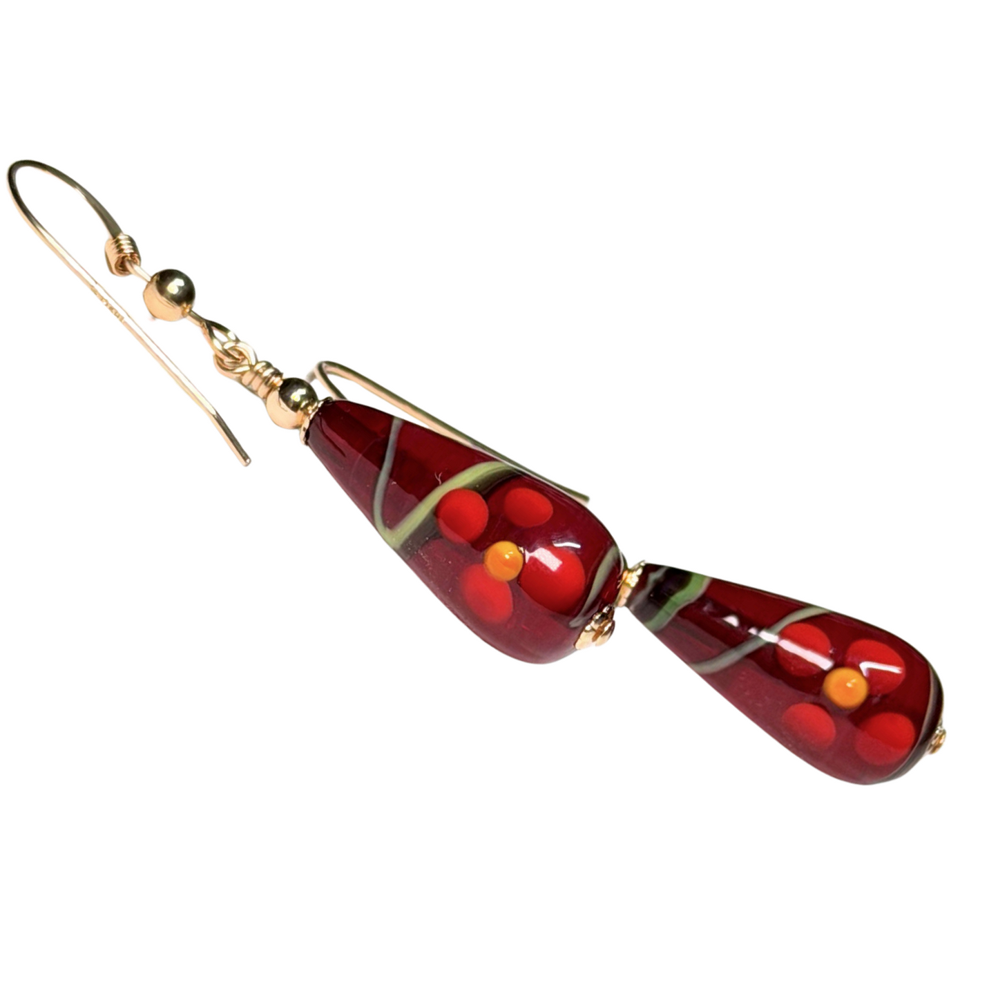 Murano Red Flower Teardrop Gold Earrings