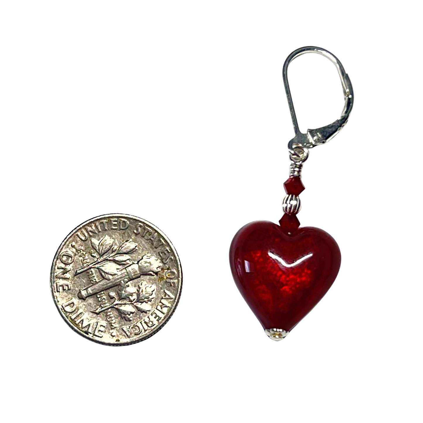 Murano Glass Red Heart Sterling Silver Earrings, Venetian Jewelry