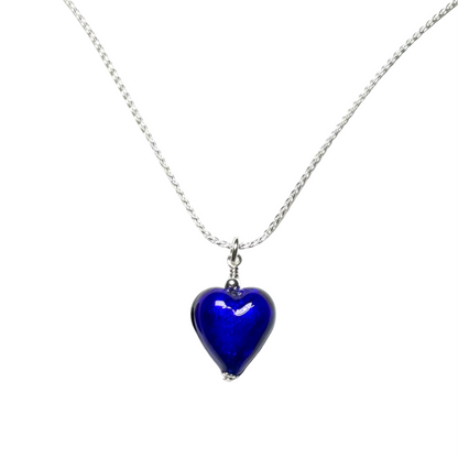 Murano glass Blue heart-shaped pendant on a chain on a white background