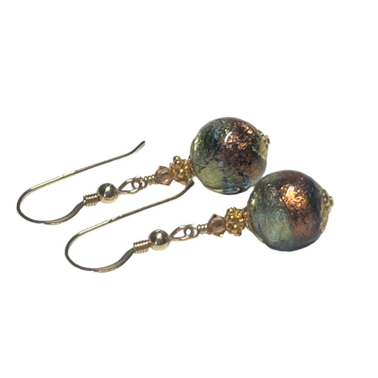 Murano Glass Blue Brown Gold Earrings