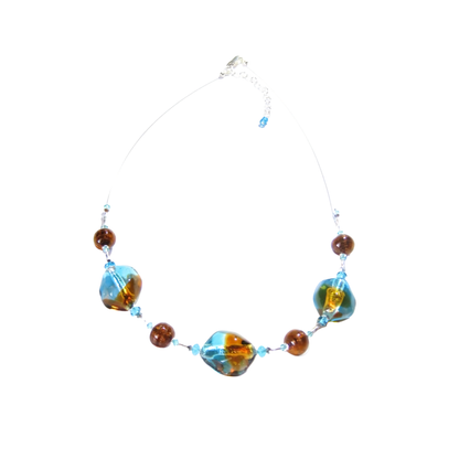 Murano Glass Aqua Topaz Nugget Sterling Silver Necklace, Italian Glass Jewelry