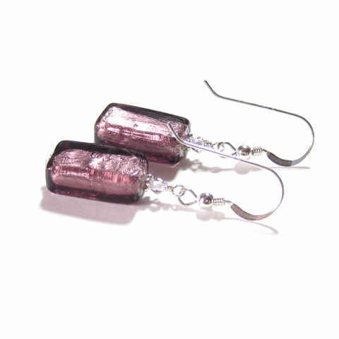 Murano Glass Amethyst Rectangle Silver Earrings, Leverback Earrings - JKC Murano