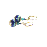 Murano Glass Aqua Cobalt Ball Gold Earrings, Leverback Earrings