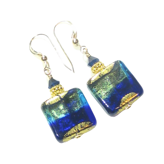Murano Glass Cobalt Blue Aqua Chunky Square Gold Earrings - JKC Murano