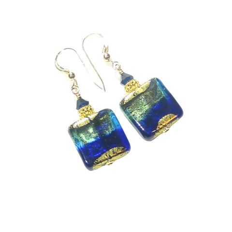 Murano Glass Cobalt Blue Aqua Chunky Square Gold Earrings