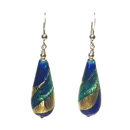 Murano Aqua Blue Long Teardrop Gold Earrings by JKC Murano