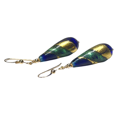 Murano Aqua Blue Long Teardrop Gold Earrings by JKC Murano
