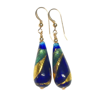 Murano Aqua Blue Long Teardrop Gold Earrings by JKC Murano