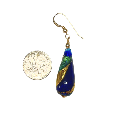 Murano Aqua Blue Long Teardrop Gold Earrings by JKC Murano