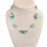 Murano Glass Aqua Cube Gold Necklace, Illusion Necklace - JKC Murano