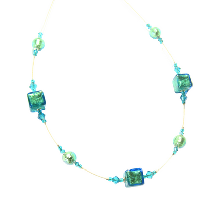 Murano Glass Aqua Cube Gold Necklace, Illusion Necklace - JKC Murano
