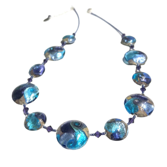 Murano Glass Aqua Cyclone Disc Sterling Silver Necklace
