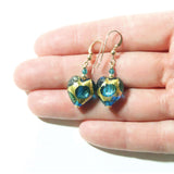 Murano Glass Aqua Green Dot Heart Gold Earrings