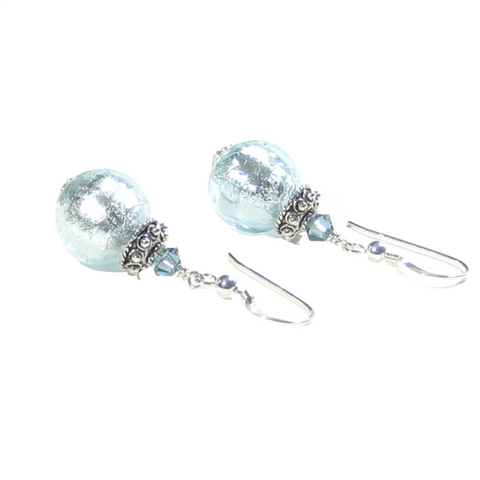 Murano Glass Aquamarine Ball Sterling Silver Earrings - JKC Murano