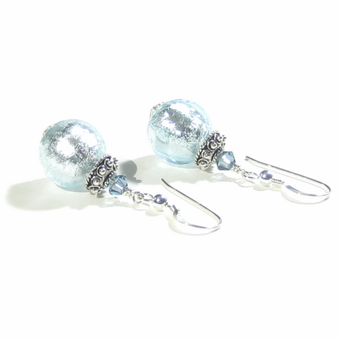 Murano Glass Aquamarine Ball Sterling Silver Earrings - JKC Murano