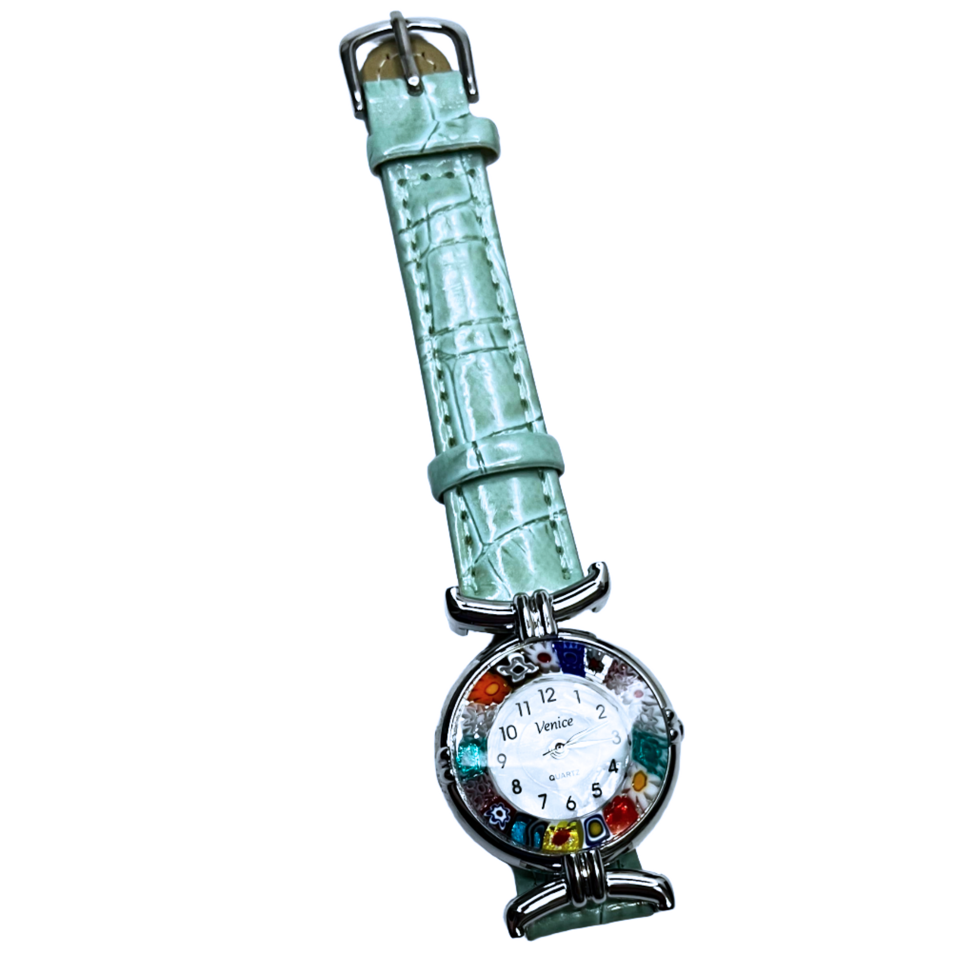 a watch with a green strap and a white face