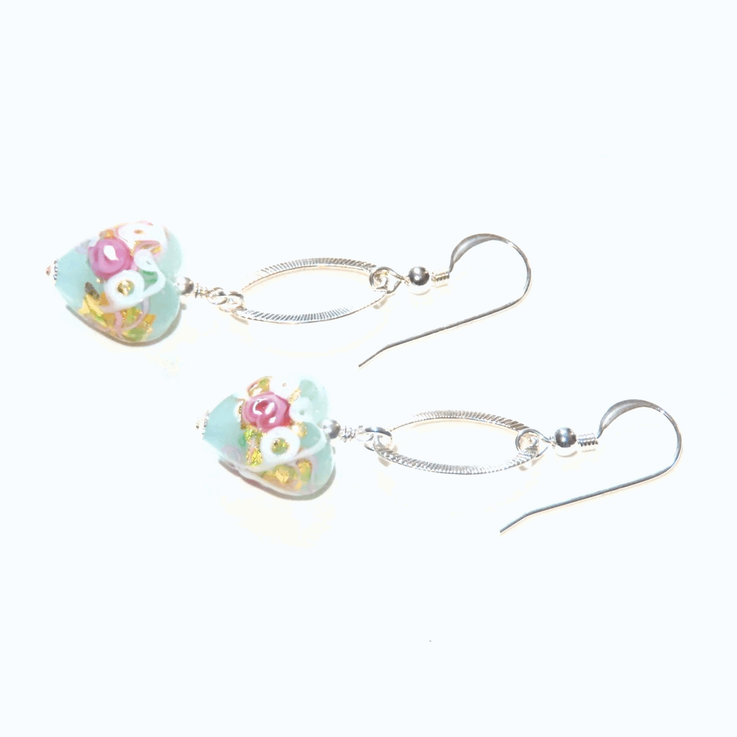 Murano Glass Aquamarine Heart Wedding Cake Long Silver Earrings - JKC Murano