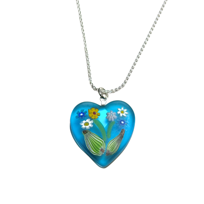 Collier avec pendentif cœur Murano Aqua Millefiori Bouquet de fleurs