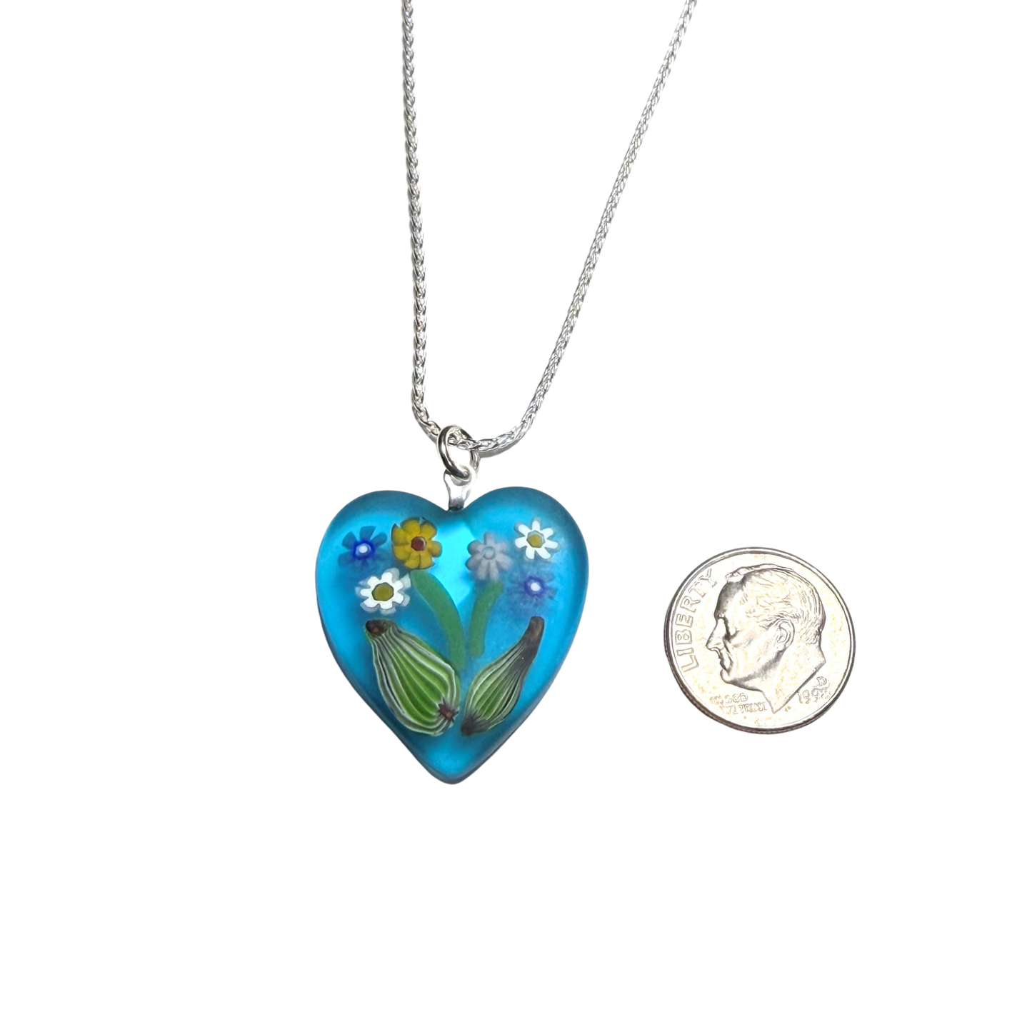 Collier avec pendentif cœur Murano Aqua Millefiori Bouquet de fleurs