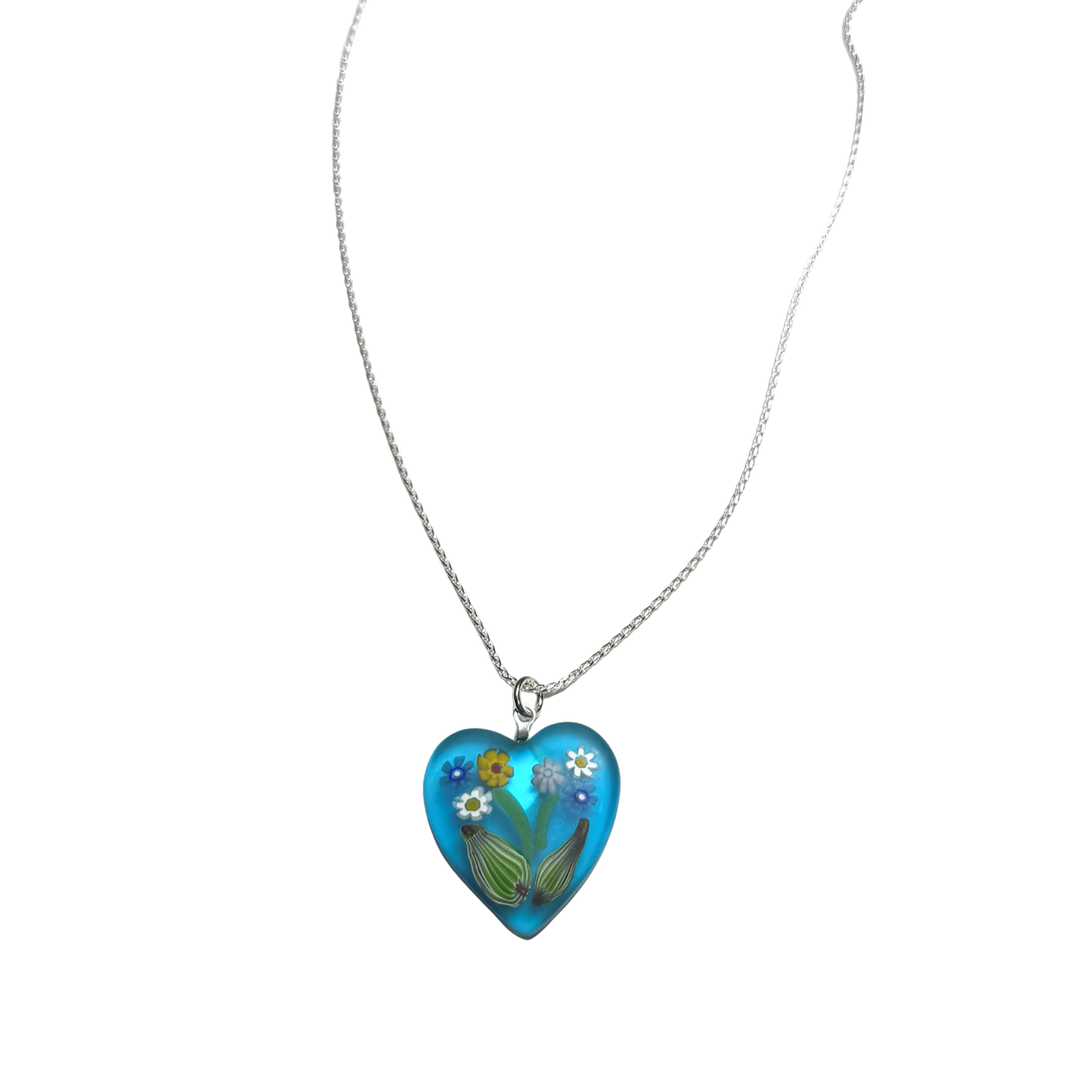Collier avec pendentif cœur Murano Aqua Millefiori Bouquet de fleurs