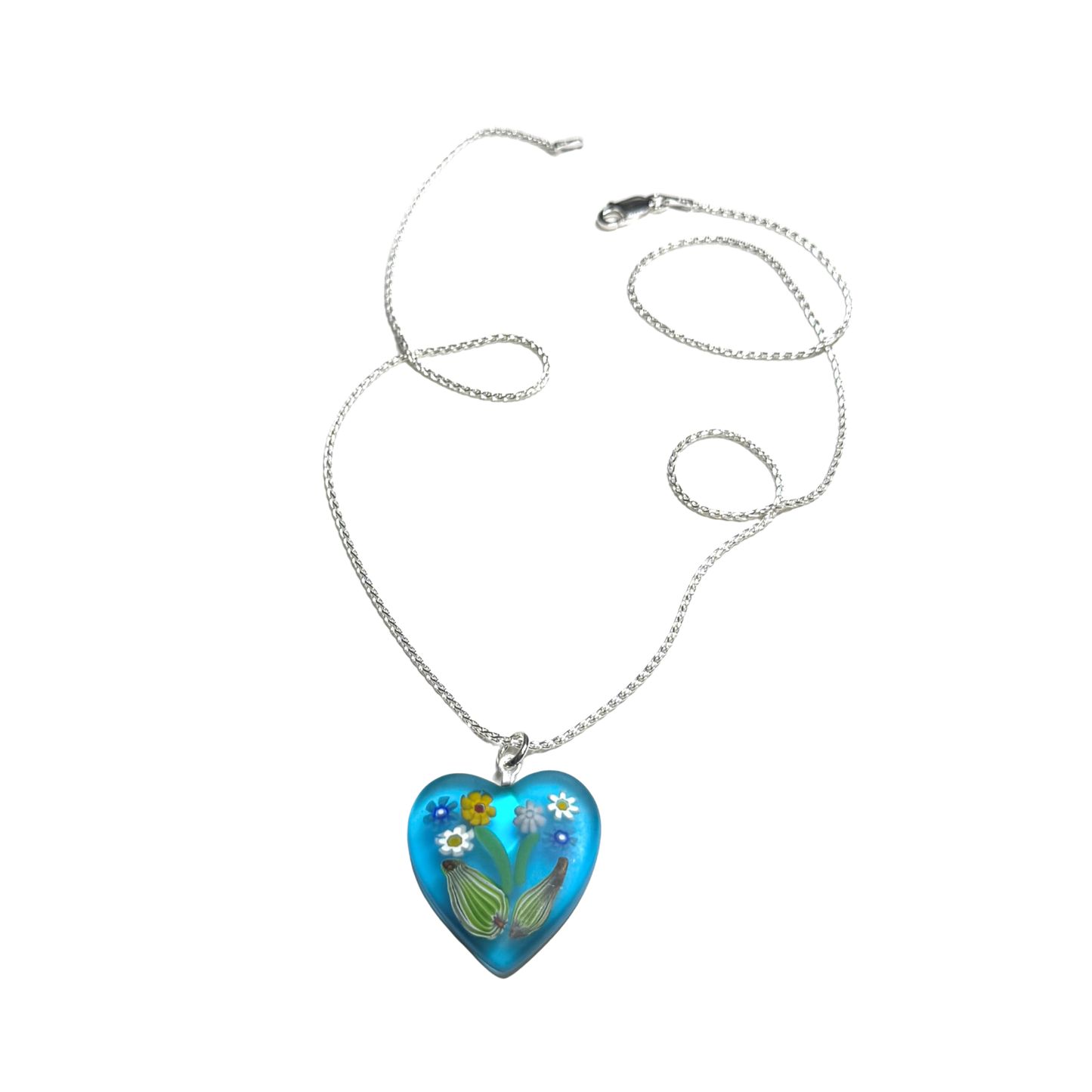 Collier avec pendentif cœur Murano Aqua Millefiori Bouquet de fleurs