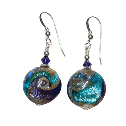 Pair of blue and silver earrings on a white background