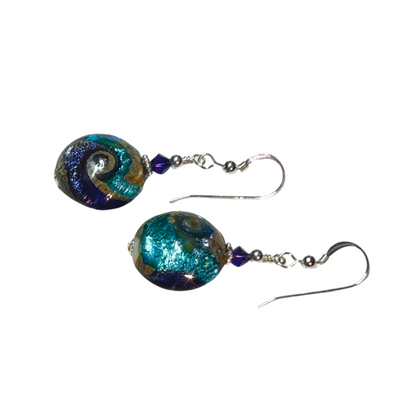 Murano Aqua Cyclone Disc Silver Earrings