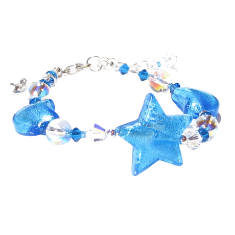 Murano Glass Aqua Star Moon Silver Adjustable Beaded Bracelet - JKC Murano