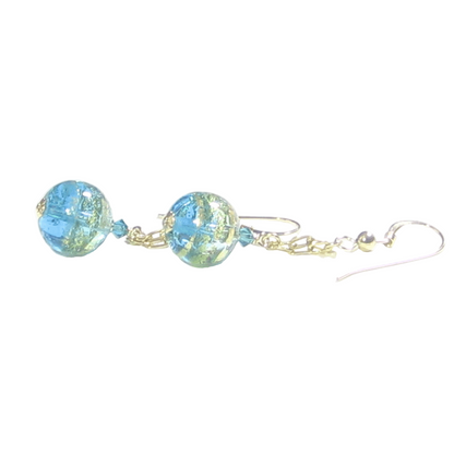 Murano Glass Aqua Ball Dangle Gold Earrings, leverback Earrings - JKC Murano