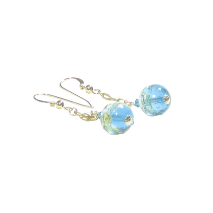 Murano Glass Aqua Ball Dangle Gold Earrings, leverback Earrings - JKC Murano