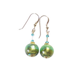 Murano Glass Aqua Olive Green Gold Earrings, Dangle Clip Earrings
