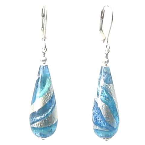 Murano Glass Aqua Blue Swirl Teardrop Sterling Silver Earrings - JKC Murano