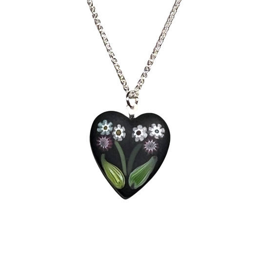 Murano Black Millefiori Flower Heart Pendant Necklace