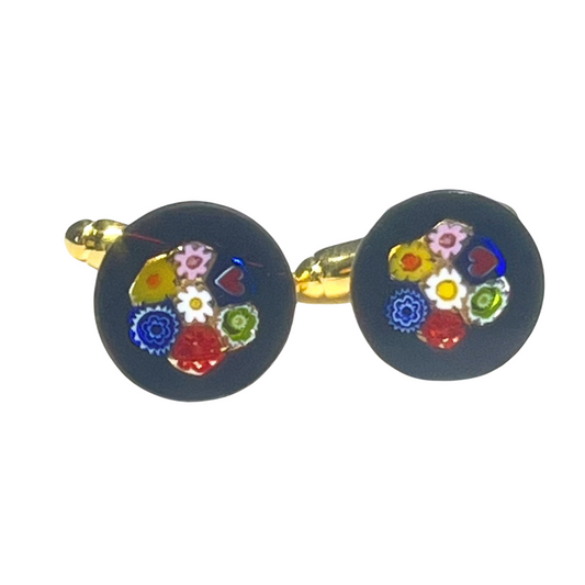 Murano Black Round Millefiori Gold Cuff Links