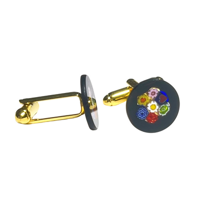 Murano Black Round Millefiori Gold Cuff Links