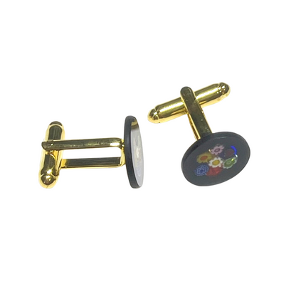 Murano Black Round Millefiori Gold Cuff Links