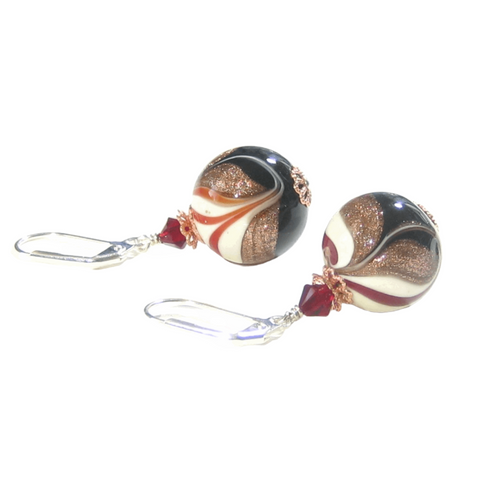 Italian Glass Black White Red Copper Silver Earrings by JKC Murano - JKC Murano