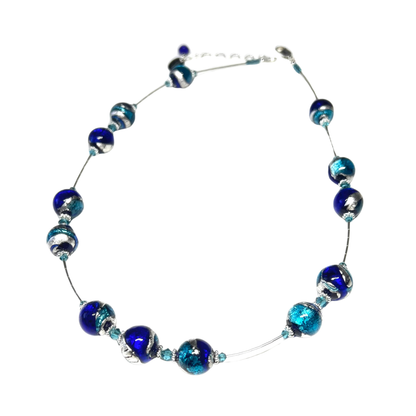 Murano Glass Blue Aqua Swirl Ball Sterling Silver Necklace