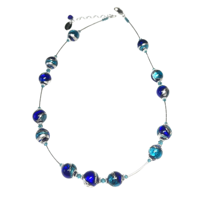 Murano Glass Blue Aqua Swirl Ball Sterling Silver Necklace
