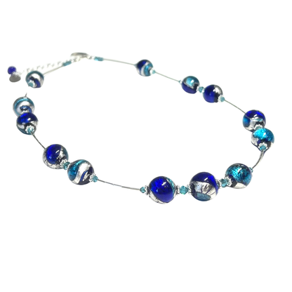 Murano Glass Blue Aqua Swirl Ball Sterling Silver Necklace