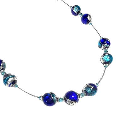 Murano Glass Blue Aqua Swirl Ball Sterling Silver Necklace