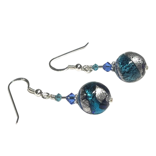 Murano Blue Aqua Ball Silver Earrings